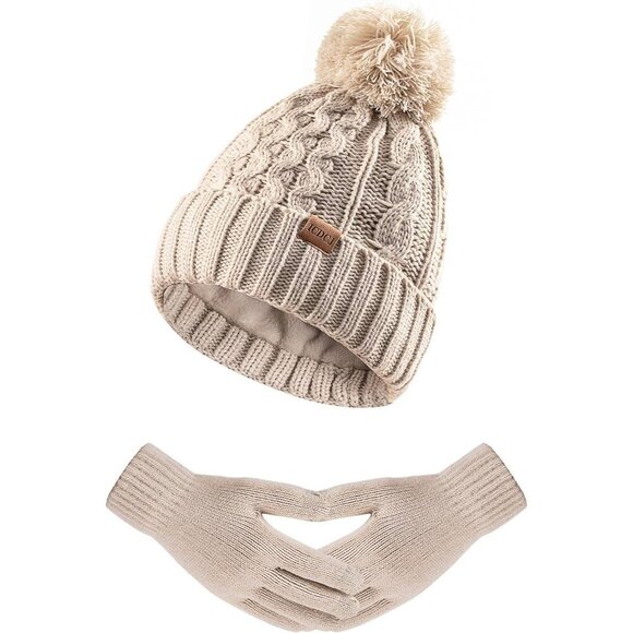 Women\'s Oat Winter Knit Warm Hat Beanie Gloves Set Pom Fleece Lined Hat